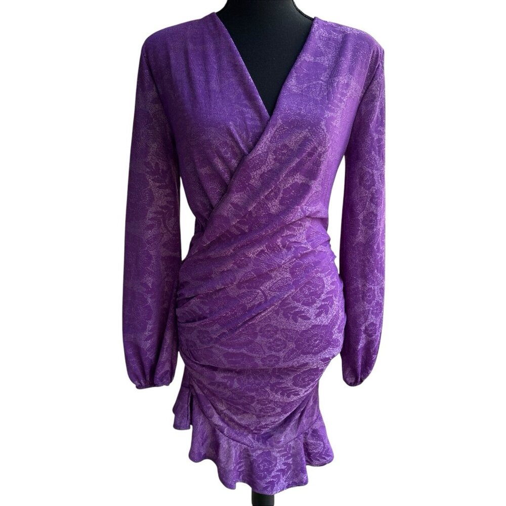 ZARA Dress Size Large Purple Floral Long Sleeve Faux Wrap Front Ruffle READ